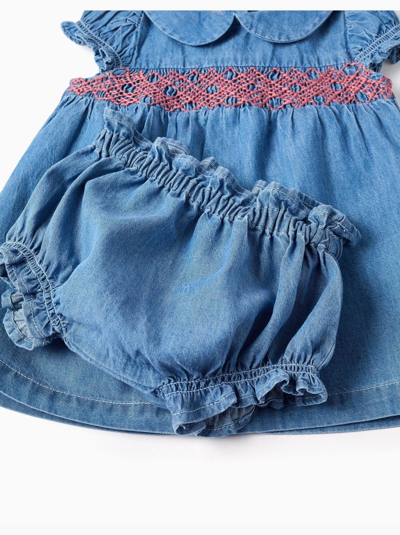 Vestido vaquero con bordado y volantes Azul Azul - Kiabi