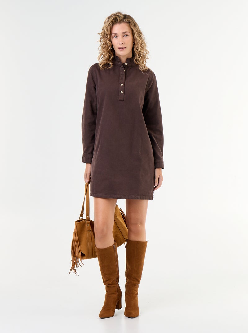 Vestido vaquero con cuello con volante Marron - Kiabi