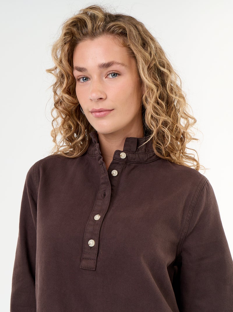 Vestido vaquero con cuello con volante Marron - Kiabi