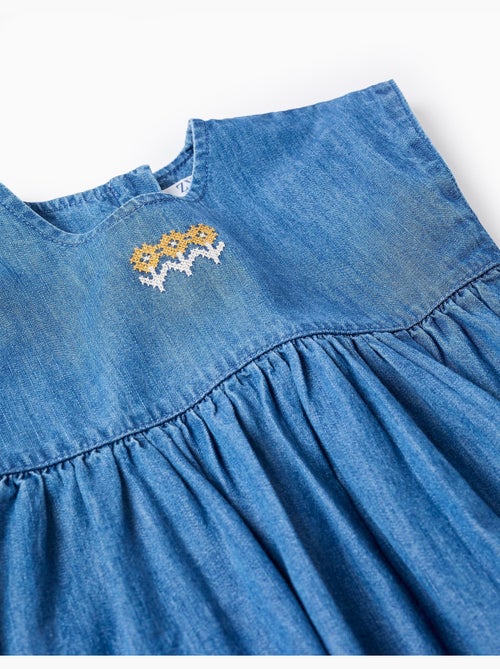 Vestido vaquero de manga corta con flores bordadas - Kiabi