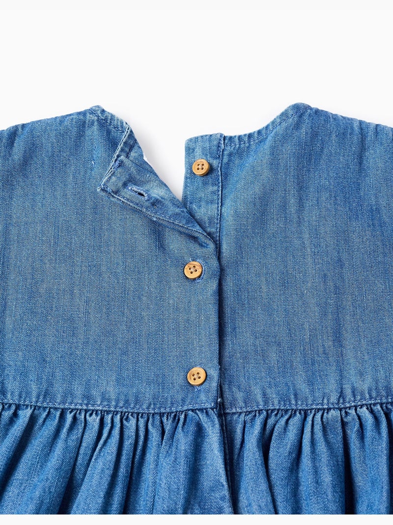 Vestido vaquero de manga corta con flores bordadas Azul Azul - Kiabi