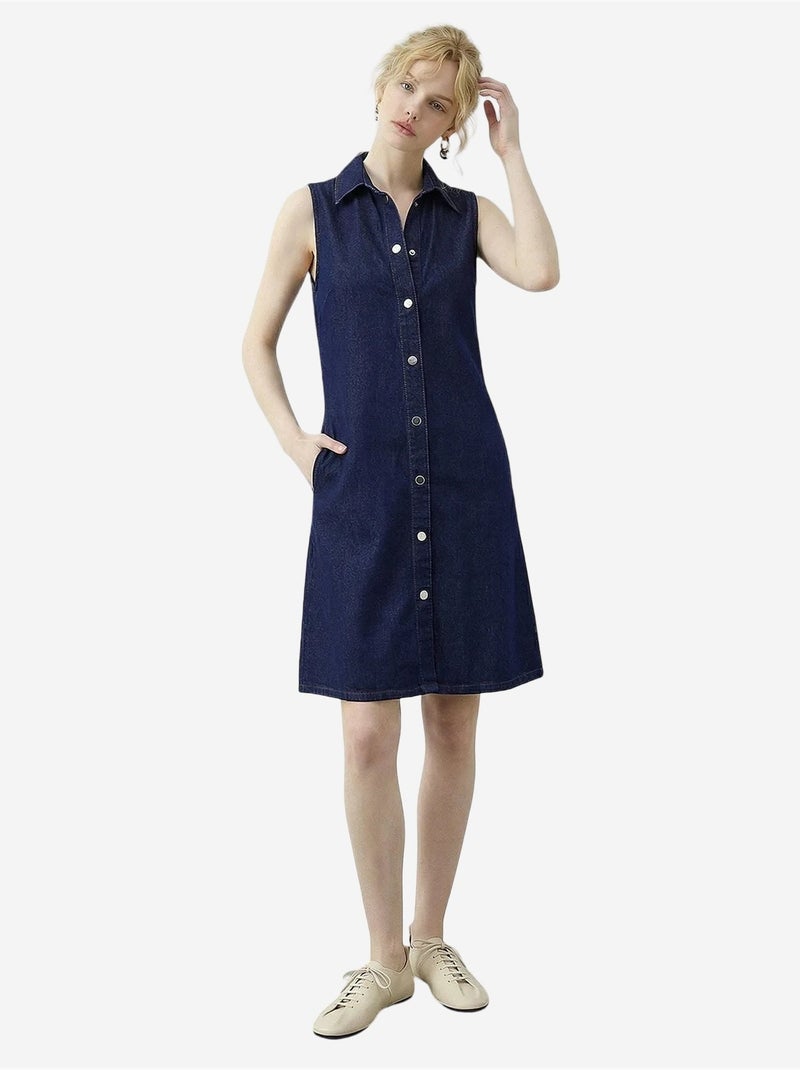 Vestido vaquero midi con cuello de camisa y bolsillo lucci Azul marino - Kiabi