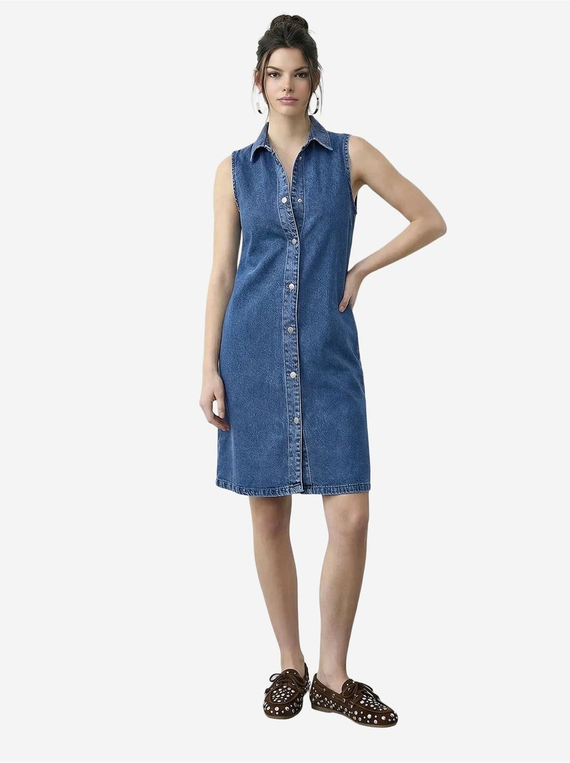 Vestido vaquero midi con cuello de camisa y bolsillo lucci Azul zafiro - Kiabi
