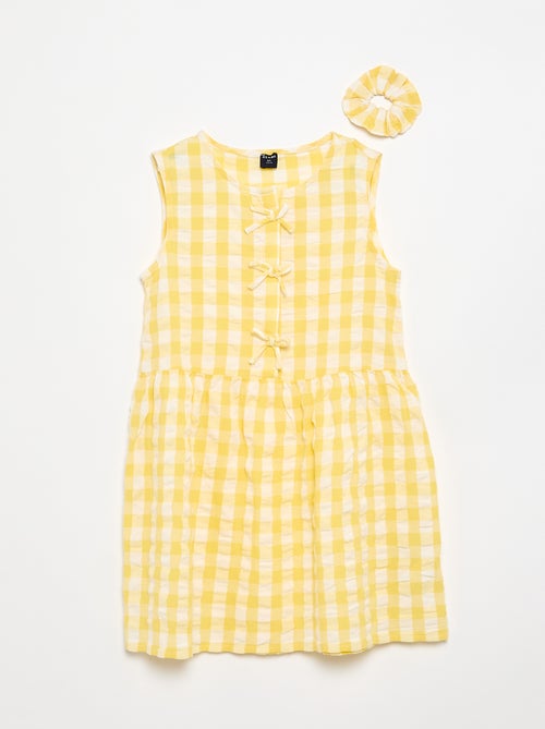 Vestido vichy de manga corta con lazo + coletero - Kiabi