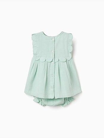 Vestido y cubrepañal en algodón y lino