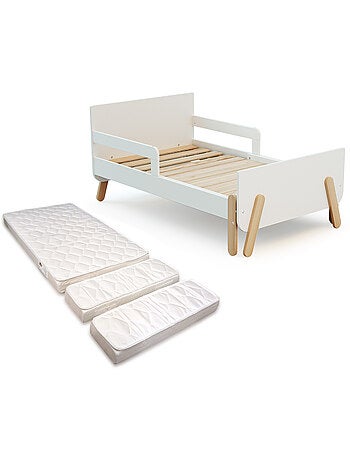 WEBABY - Cama infantil extensible de madera 80x140-165-190 PIRATE con colchón - Blanco