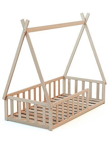 WEBABY - Cama tipi infantil en el suelo madera - Haya Cruda - 70 x 140 - 149 x 77 x 136 cm