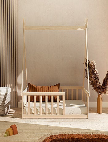 WEBABY - Cama tipi infantil en el suelo madera - Haya Cruda - 70 x 140 - 149 x 77 x 136 cm