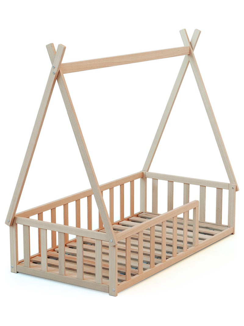 WEBABY - Cama tipi infantil en el suelo madera - Haya Cruda - 70 x 140 - 149 x 77 x 136 cm Marrón avellana - Kiabi