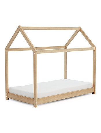 WEBABY - Cuna bebé casita madera Cabana - Marrón - 70 x 140 - 145 x 77 x 124 cm