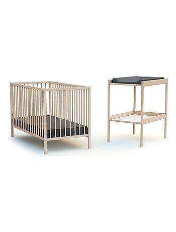WEBABY - Cuna bebé y meuble cambiador madera MILO - Haya Cruda - 60 x 120