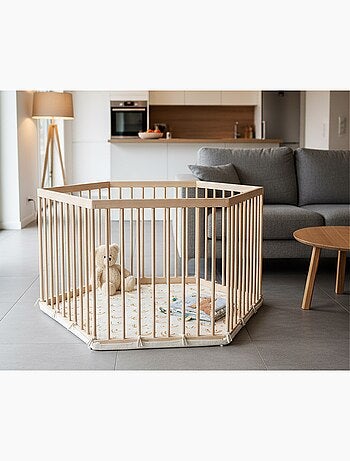 WEBABY - Parque infantil hexagonal de madera ALVEO - 125 x 109 x 65 cm