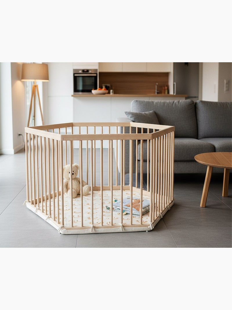 WEBABY - Parque infantil hexagonal de madera ALVEO - 125 x 109 x 65 cm Beige - Kiabi
