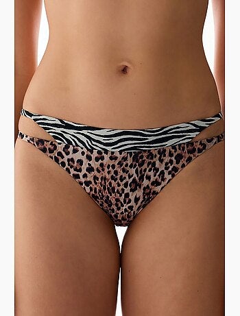 Wild braga de bikini con laterales superpuestos y estampado de leopardo, tiro medio penti