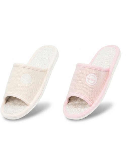 Zapatilla de casa Mule Mujer Pack 2 Pares Tela Gofrada Punta Abierta OZABI - Kiabi