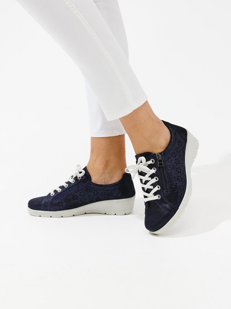 Zapatillas anchas de piel con cordones - afibel Azul marino - Kiabi
