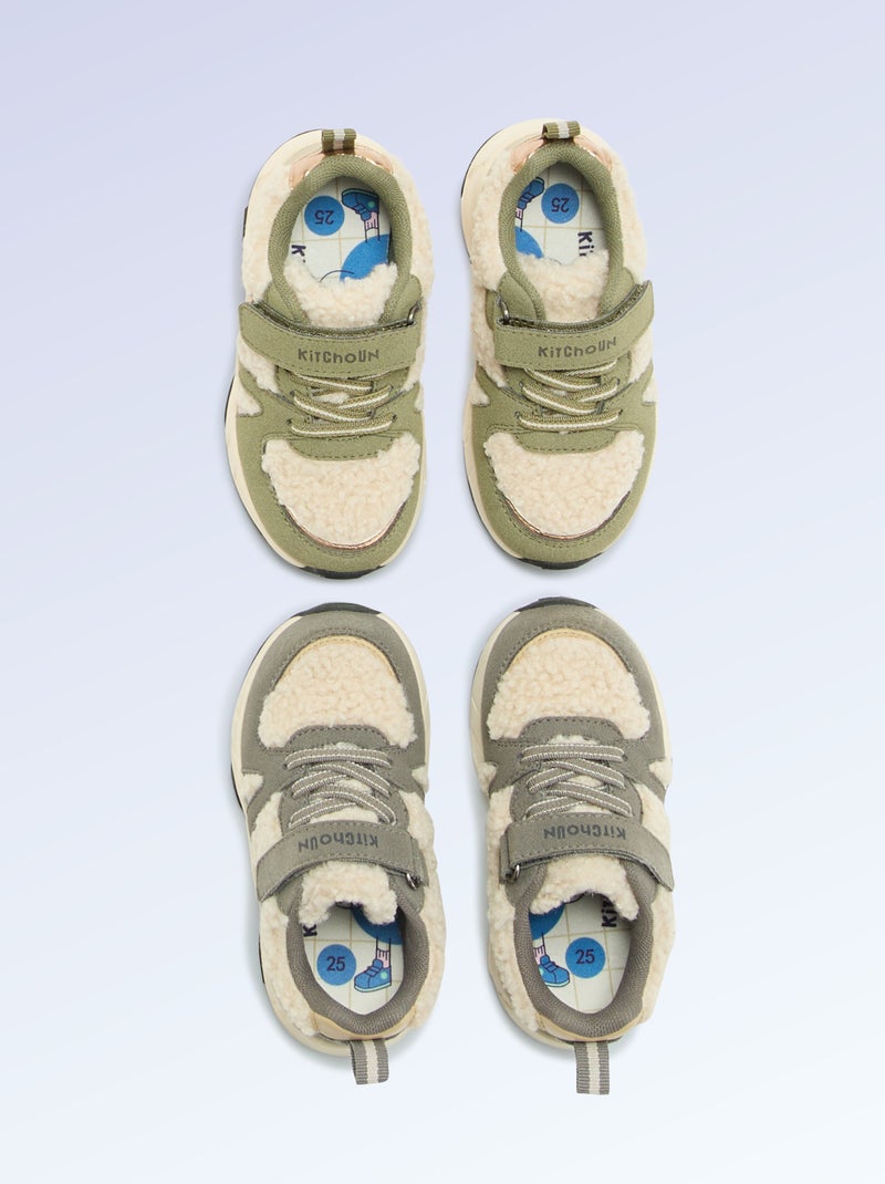 Zapatillas bajas de antelina y efecto borreguito Kaki - Kiabi