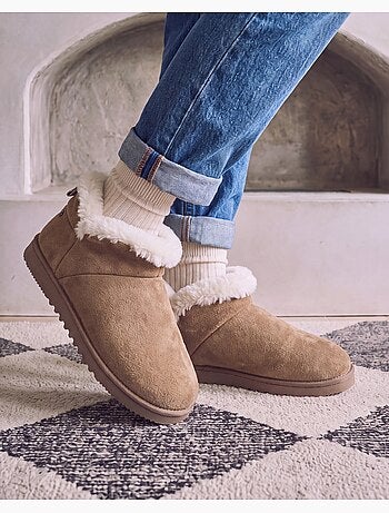 Zapatillas botines cuero color camel, suela de goma con mujer isotoner