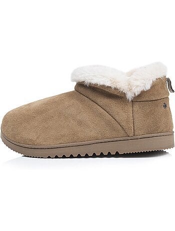 Zapatillas botines cuero color camel, suela de goma con mujer isotoner