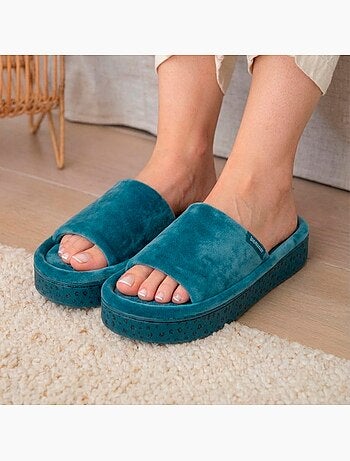 Zapatillas chinelas abiertas terciopelo, plataforma de 3,5 cm mujer Isotoner
