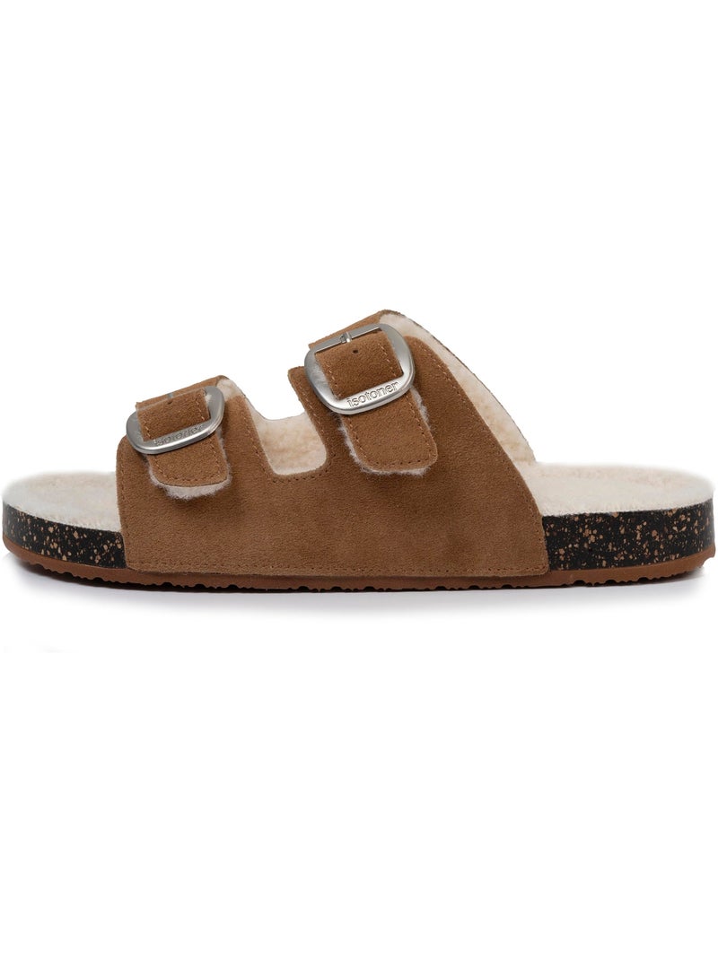 Zapatillas chinelas abiertas ultra-confortable, en cuero mujer Camel - Kiabi