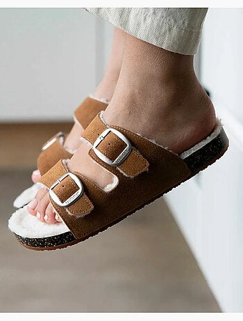 Zapatillas chinelas abiertas ultra-confortable, en cuero mujer Isotoner
