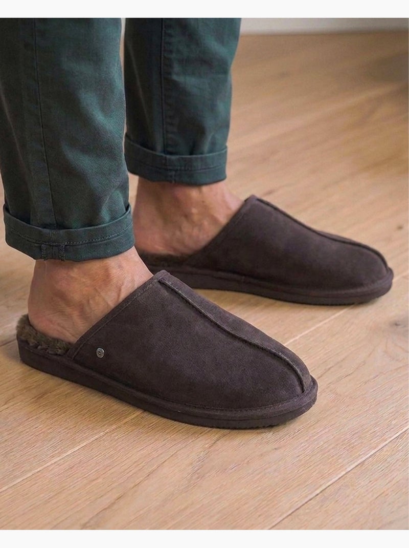 Zapatillas chinelas en cuero con forro de piel sintética hombre Marrón chocolate - Kiabi