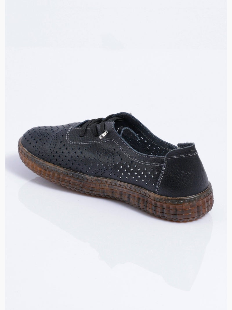 Zapatillas con cordones de cuero perforado, ancho cómodo - Afibel Negro - Kiabi