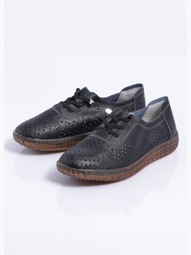 Zapatillas con cordones de cuero perforado, ancho cómodo - Afibel Negro - Kiabi