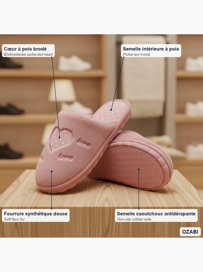 Zapatillas de casa abiertas mujer ozabi, pelo sintético, corazón bordado love Malva chiaro - Kiabi