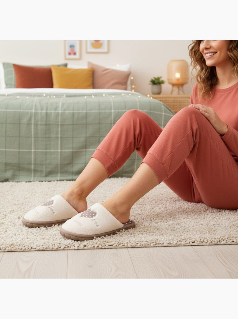 Zapatillas de casa abiertas mujer ozabi, pelo sintético, corazón bordado love Marrón - Kiabi