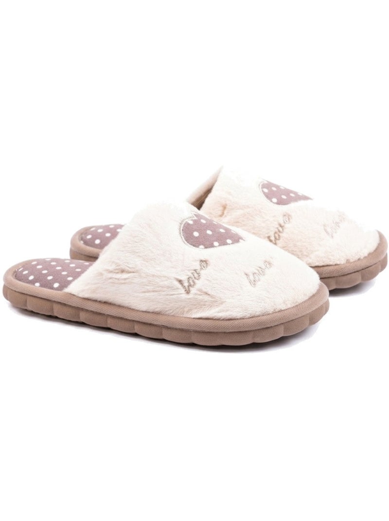 Zapatillas de casa abiertas mujer ozabi, pelo sintético, corazón bordado love Marrón - Kiabi