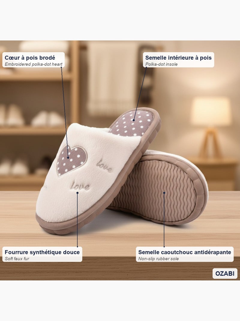 Zapatillas de casa abiertas mujer ozabi, pelo sintético, corazón bordado love Marrón - Kiabi
