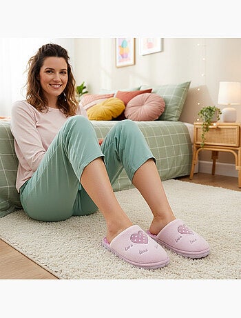 Zapatillas de casa abiertas mujer ozabi, pelo sintético, corazón bordado love