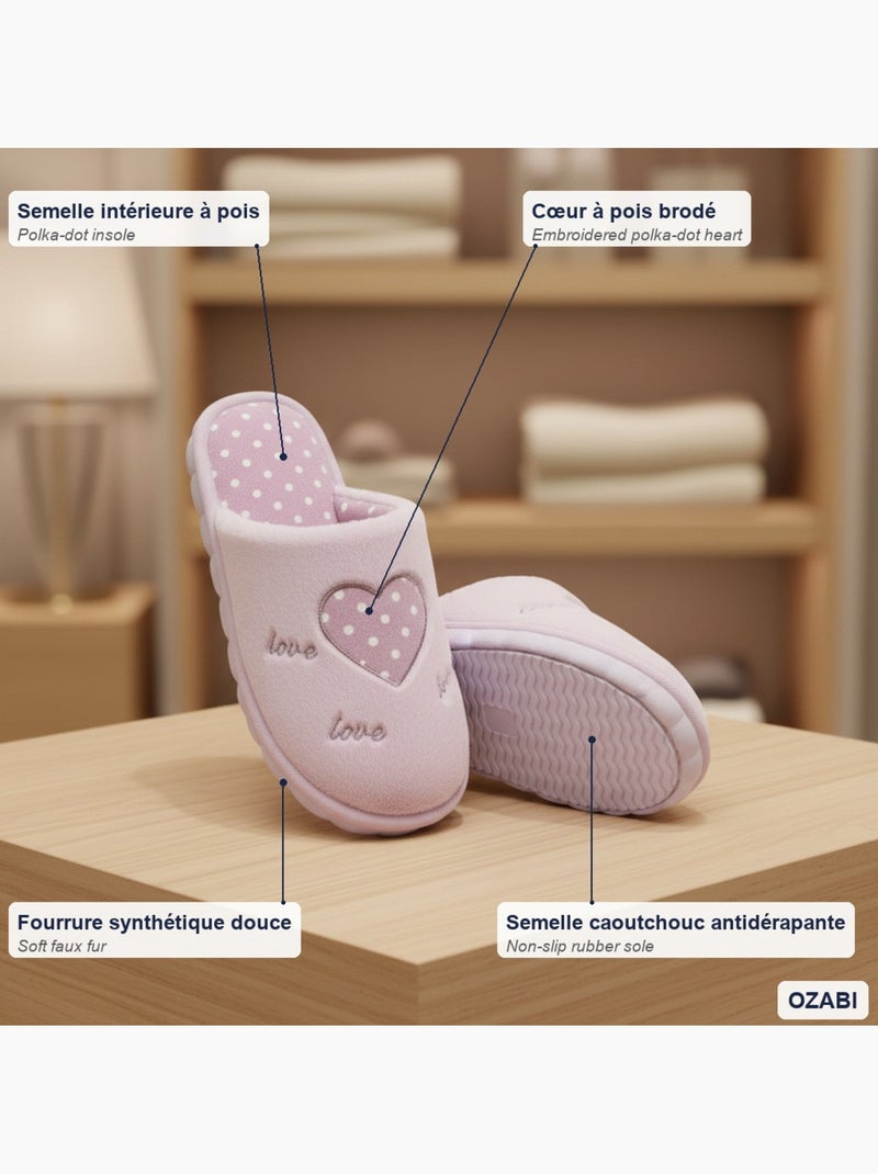 Zapatillas de casa abiertas mujer ozabi, pelo sintético, corazón bordado love Rosa - Kiabi