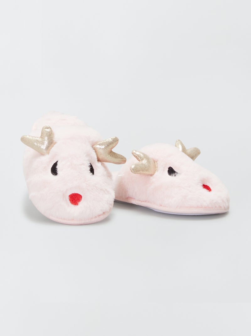 Zapatillas de casa destalonadas con pelo y 'reno' ROSA - Kiabi