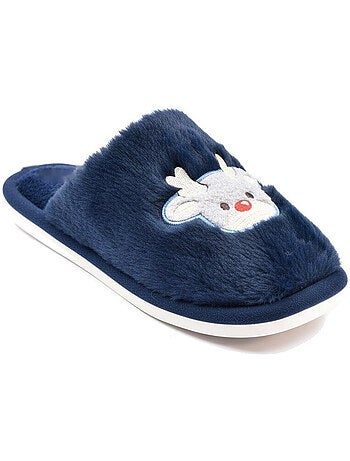 Zapatillas de casa mujer abiertas ozabi, peluche sintética, reno bordado