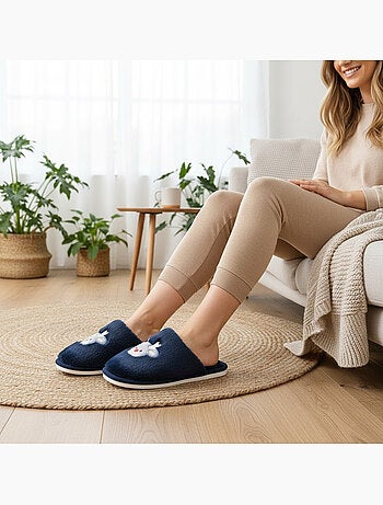 Zapatillas de casa mujer abiertas ozabi, peluche sintética, reno bordado