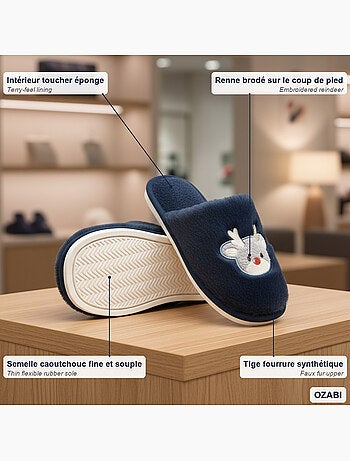 Zapatillas de casa mujer abiertas ozabi, peluche sintética, reno bordado
