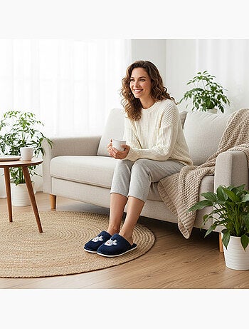 Zapatillas de casa mujer abiertas ozabi, peluche sintética, reno bordado