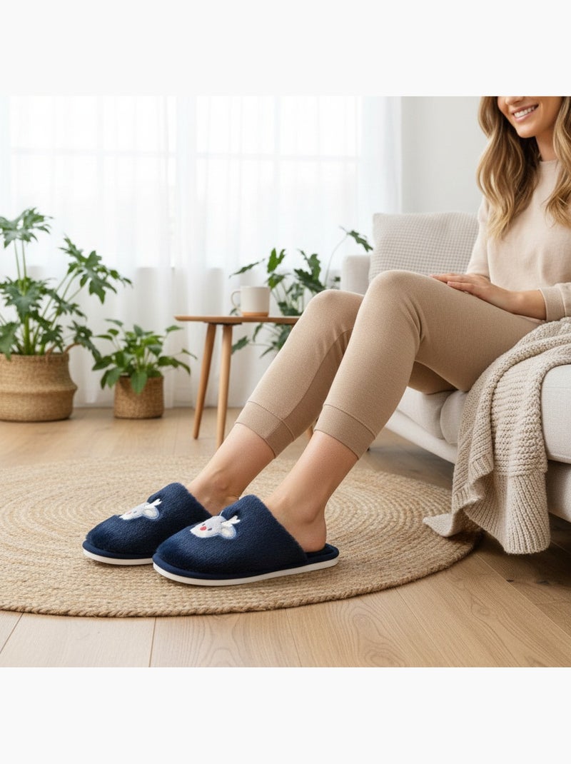 Zapatillas de casa mujer abiertas ozabi, peluche sintética, reno bordado Azul marino - Kiabi