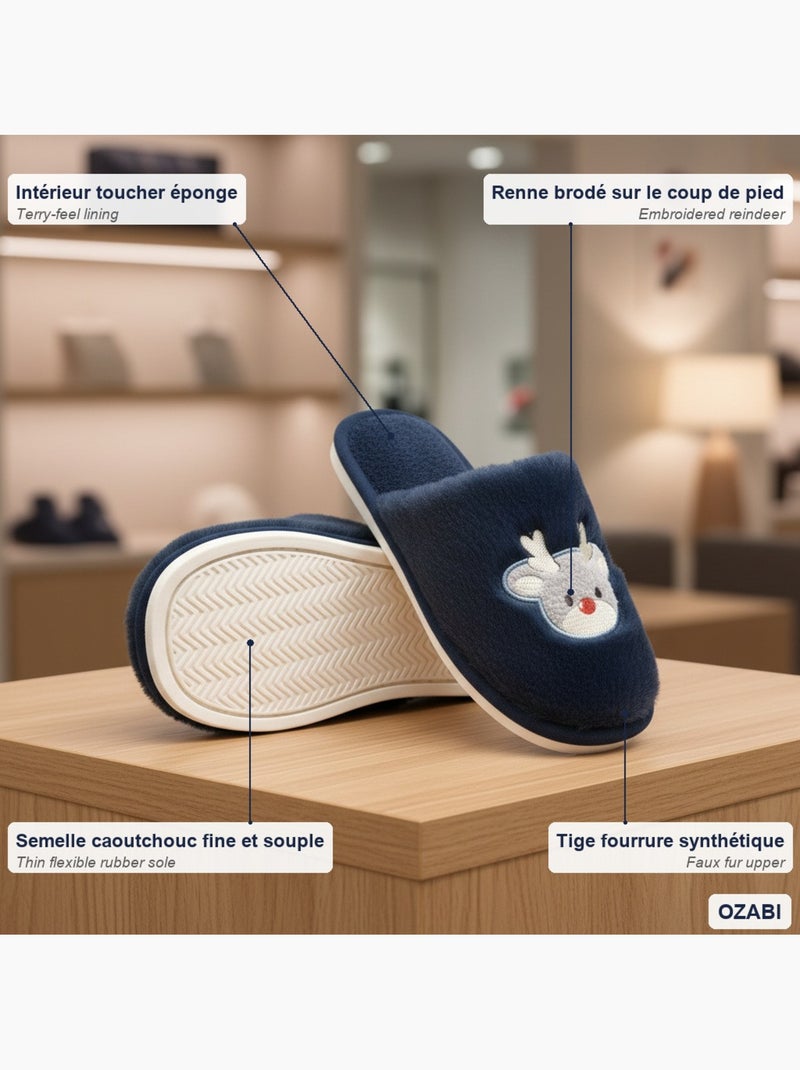 Zapatillas de casa mujer abiertas ozabi, peluche sintética, reno bordado Azul marino - Kiabi