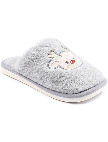 Zapatillas de casa mujer abiertas ozabi, peluche sintética, reno bordado