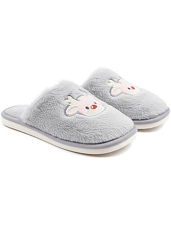 Zapatillas de casa mujer abiertas ozabi, peluche sintética, reno bordado