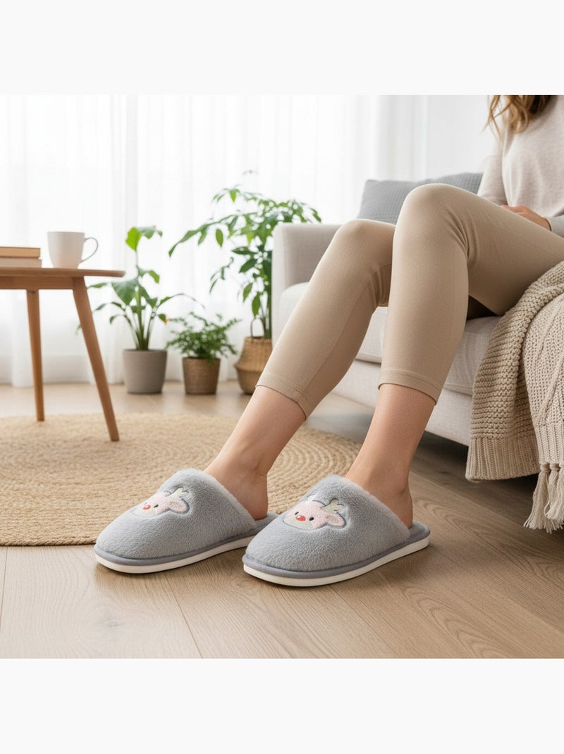 Zapatillas de casa mujer abiertas ozabi, peluche sintética, reno bordado Gris - Kiabi