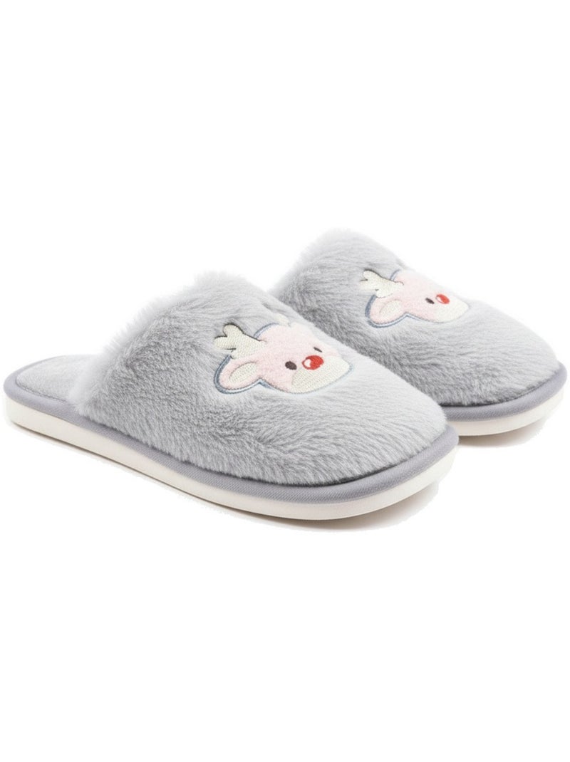 Zapatillas de casa mujer abiertas ozabi, peluche sintética, reno bordado Gris - Kiabi