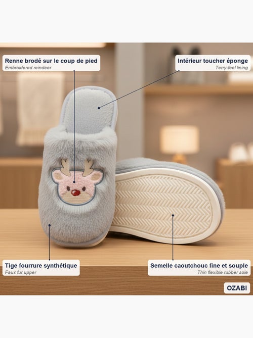 Zapatillas de casa mujer abiertas ozabi, peluche sintética, reno bordado - Kiabi Zapatillas de casa mujer abiertas ozabi, peluche sintética, reno bordado - Kiabi