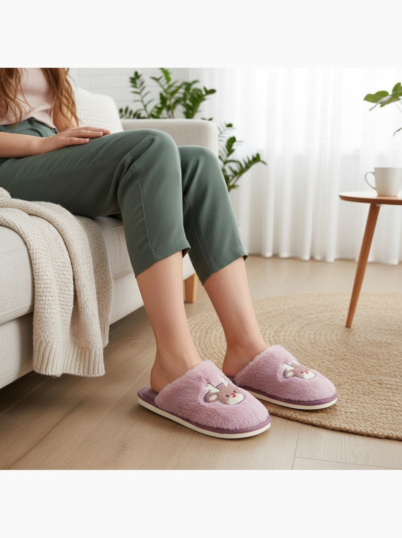 Zapatillas de casa mujer abiertas ozabi, peluche sintética, reno bordado Malva chiaro - Kiabi