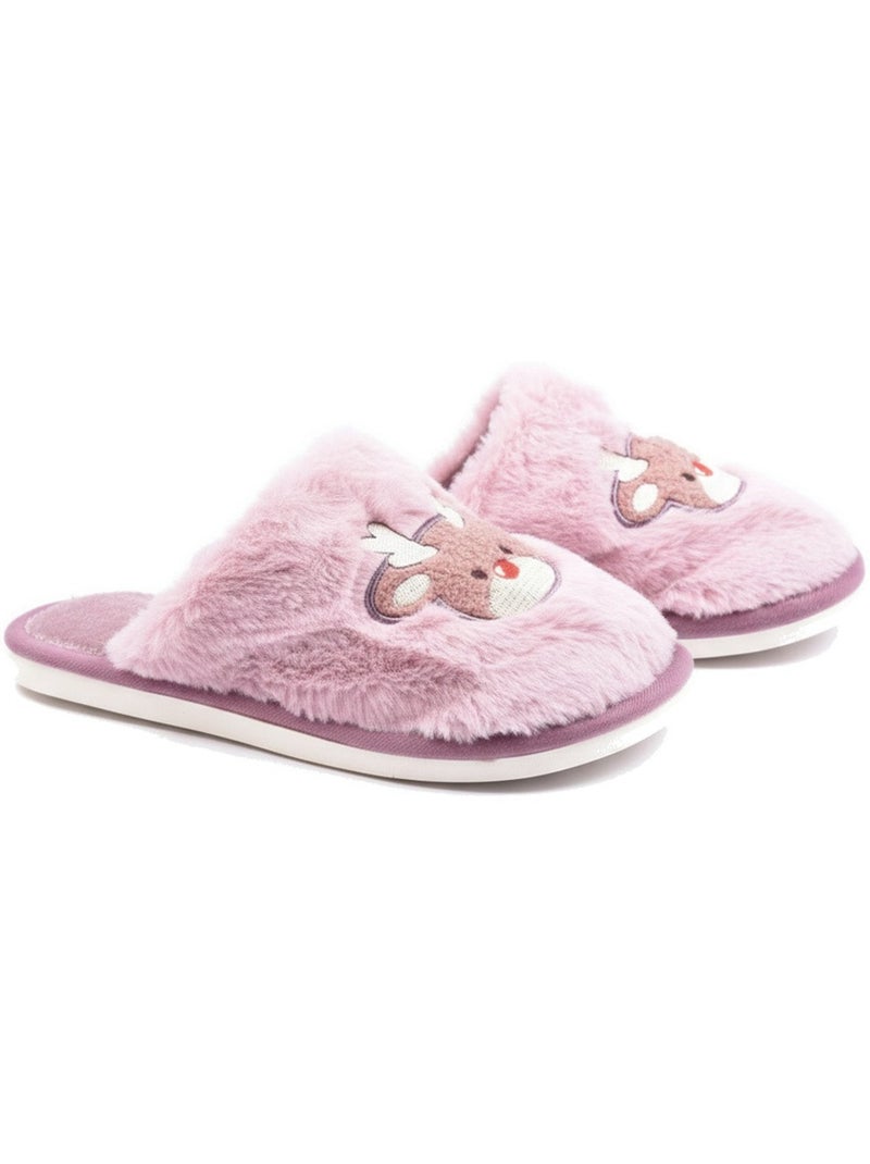 Zapatillas de casa mujer abiertas ozabi, peluche sintética, reno bordado Malva chiaro - Kiabi