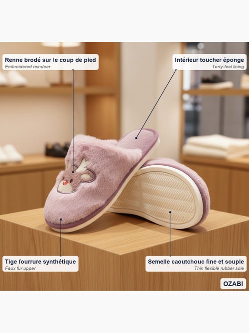 Zapatillas de casa mujer abiertas ozabi, peluche sintética, reno bordado - Kiabi Zapatillas de casa mujer abiertas ozabi, peluche sintética, reno bordado - Kiabi